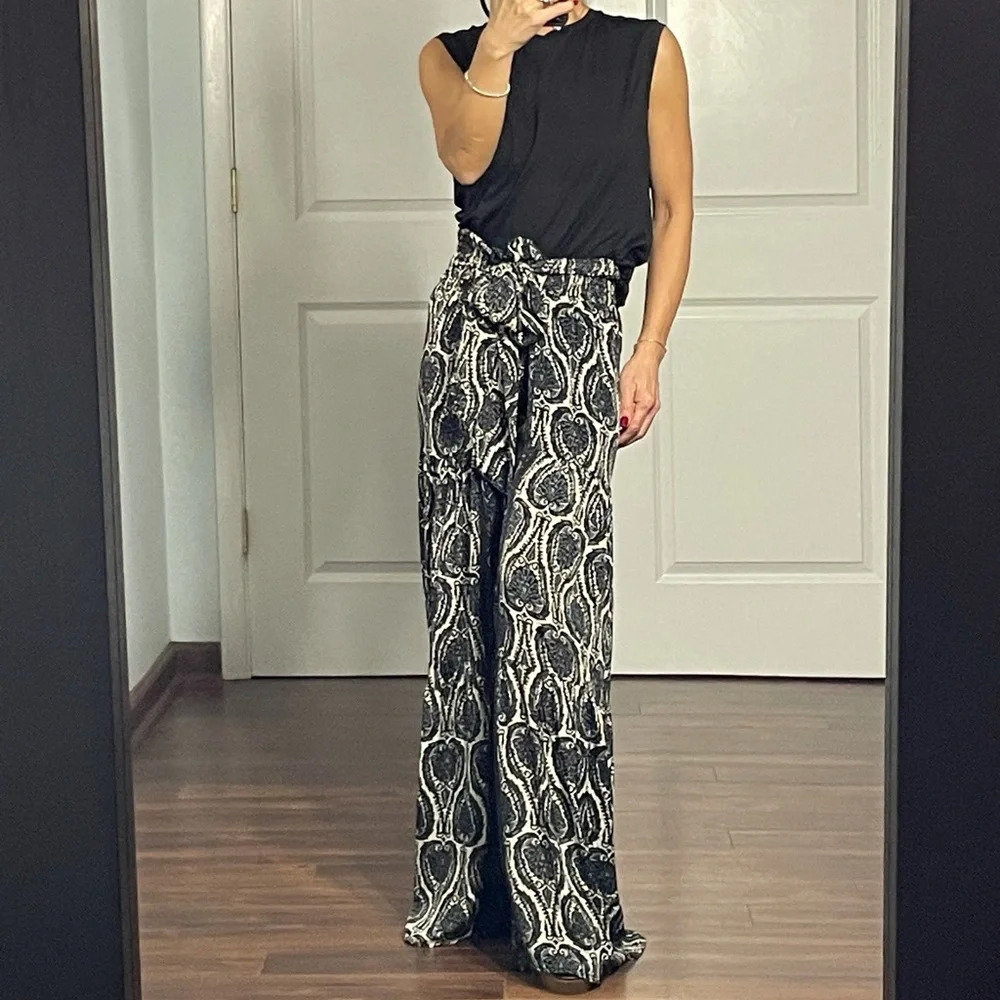 Elan Black Paisley Wide Leg Self Tie Pants size S - Picture 5 of 13